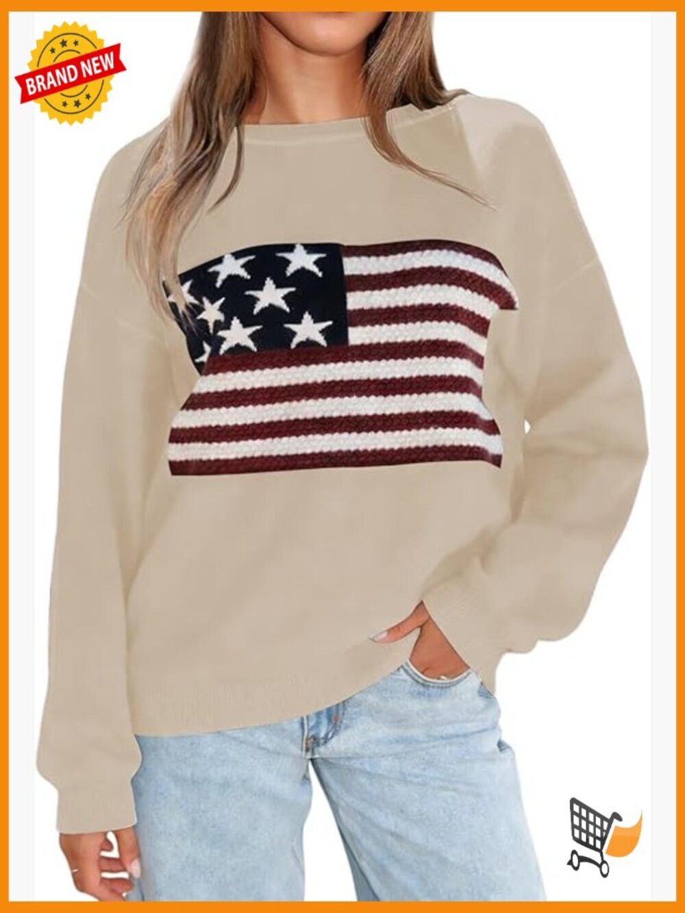 Women's American Flag Graphic Sweater Long Sleeve Crewneck Pullover Loose Fit